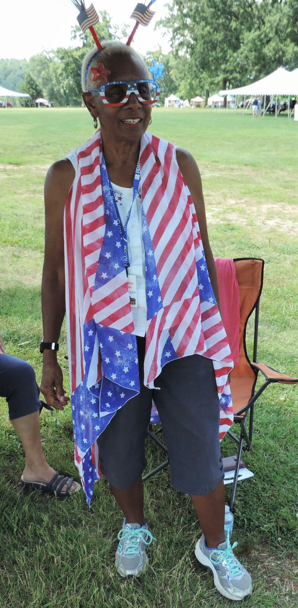 Volunteer Brenda Brower all decked out in Red, White & Blue.JPG